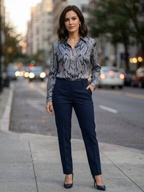 Ann Taylor Silk Navy Blue Paisley Design Dressy Blouse Size 14